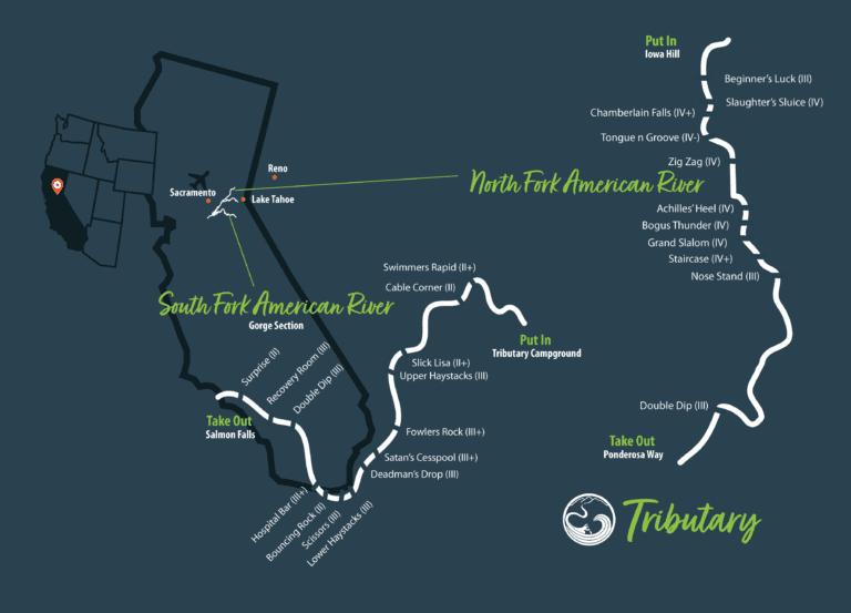 North Fork American River rafting map and South Fork American River rafting map with rapid names and classes.