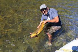 A man standing in a river holding a fishing pole and a yellow fish. Calm water surrounds him.