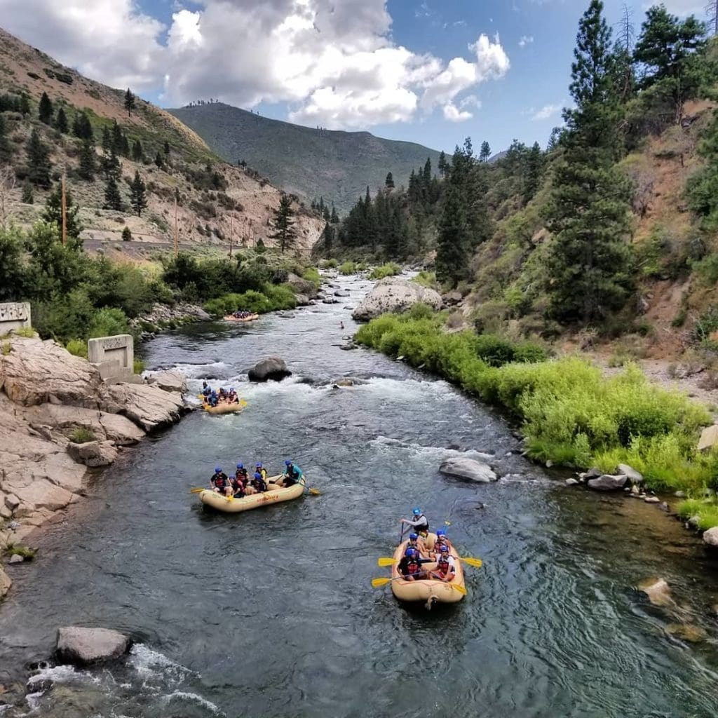 Multiple rafting boats full of people float down a river with boulders and small whitewater rapids. A forested canyon is in the background.