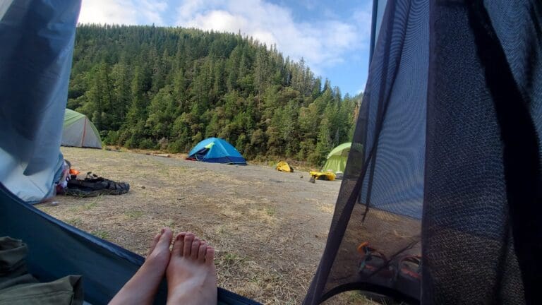 View from inside a tent, looking out on multiple tents pitched on the shores of a river with a green forest in the background.