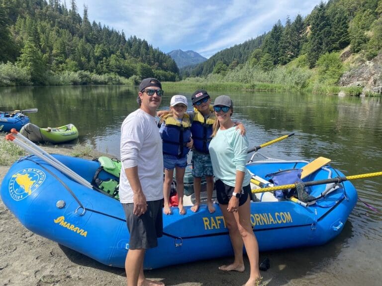 Family at overnight camping beach on the Lower Klamath River