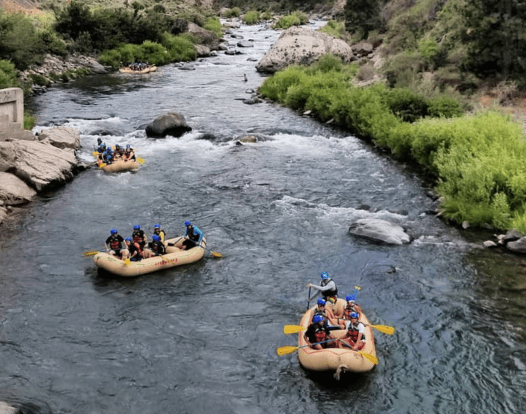 Multiple rafting boats floating down a river with rocks and small whitewater rapids. Each boat is filled with people wearing helmets and lifejackets holding paddles. One person is wading in the river, possibly fishing. The banks of the river have green bushes and large rocks.