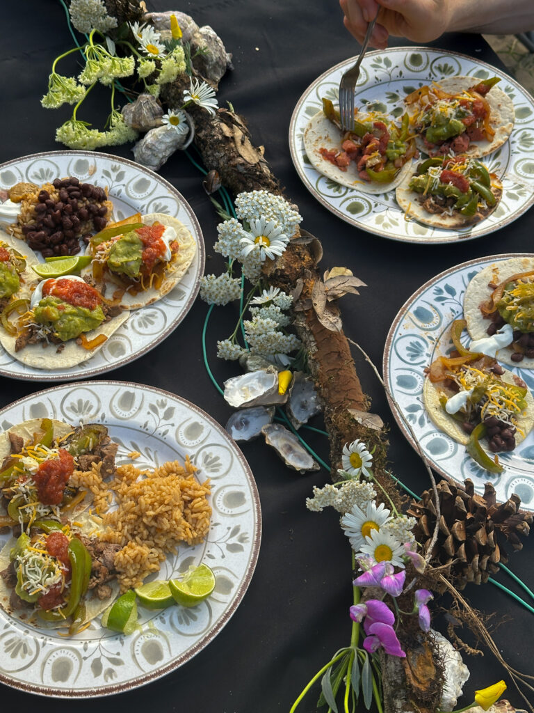 Four plates of tacos with rice, black beans, guacamole, and salsa arranged around a wildflower and driftwood centerpiece on a camp table